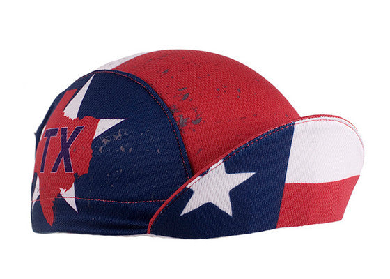 Texas Technical 3-Panel Cycling Cap. Red, white and blue cap with Texas state outline and TX text on side. Texas flag imagery under brim.  Brim up angled view.