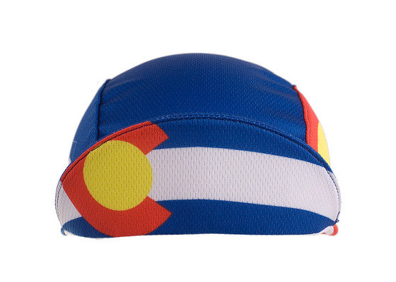 Colorado 3-Panel Technical Cycling Cap.  Blue cap with CO flag icon under brim.  Brim up front view.