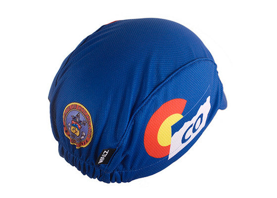 Colorado 3-Panel Technical Cycling Cap.  Blue cap with CO flag icon and licence plate icon on side. Colorado state seal on the back. Overhead back view.