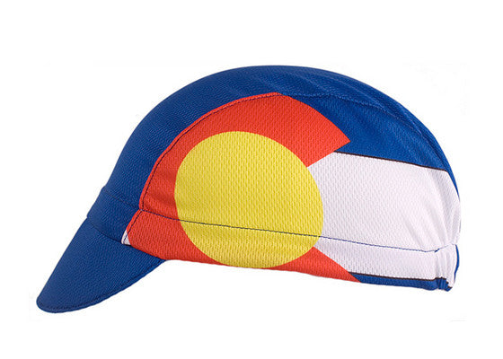 Colorado 3-Panel Technical Cycling Cap.  Blue cap with CO flag icon on side. Side view.