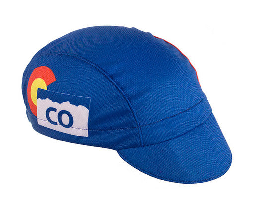 Colorado 3-Panel Technical Cycling Cap.  Blue cap with CO flag icon and licence plate icon on side. Angled view.