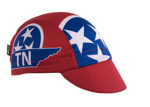 Tennessee Technical 3-Panel Cycling Cap.  Red cap with Tennessee flag imagery.  Angled view.