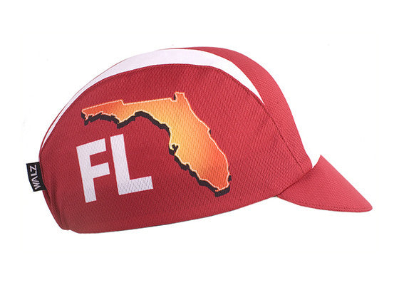 Florida Technical 3-Panel Cycling Cap. Red and white cap, with Florida state icon and FL text.  Side view.