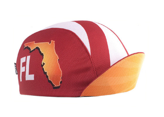 Florida Technical 3-Panel Cycling Cap. Red and white cap, with Florida state icon and FL text.  Brim up angled view.