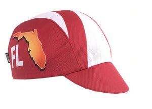 Florida Technical 3-Panel Cycling Cap. Red and white cap, with Florida state icon and FL text.  Angled view.
