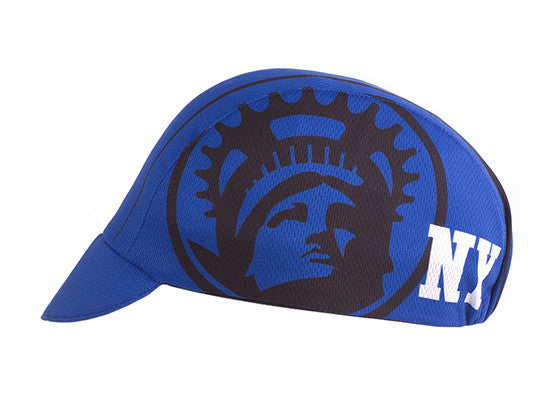 New York Technical 3-Panel Cycling Cap.  Blue cap with Statue of Liberty graphic and NY text on side.  Side view.