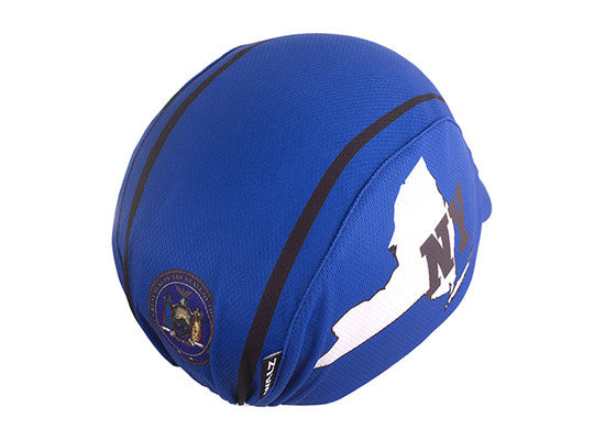 New York Technical 3-Panel Cycling Cap.  Blue cap with New York state outline and NY text on side. NY state seal on back. Overhead back view.