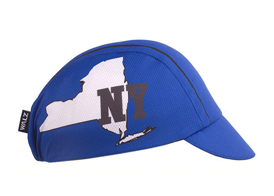 New York Technical 3-Panel Cycling Cap.  Blue cap with New York state outline and NY text on side.  Side view.