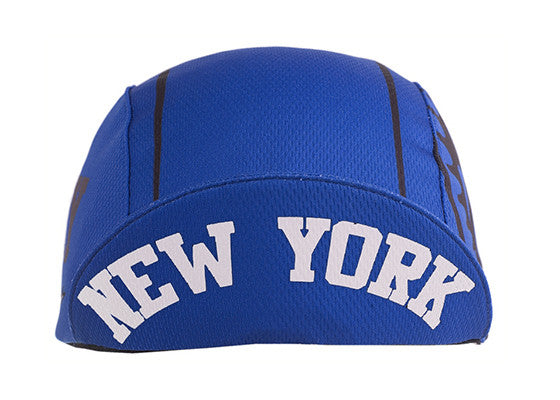 New York Technical 3-Panel Cycling Cap.  Blue cap with New York text under brim.  Brim up front view.