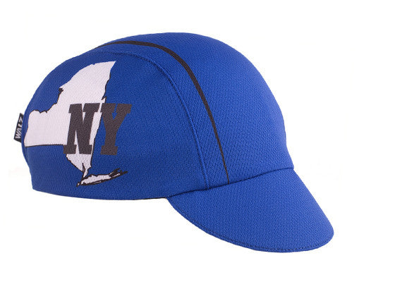 New York Technical 3-Panel Cycling Cap.  Blue cap with New York state outline and NY text on side.  Angled view.
