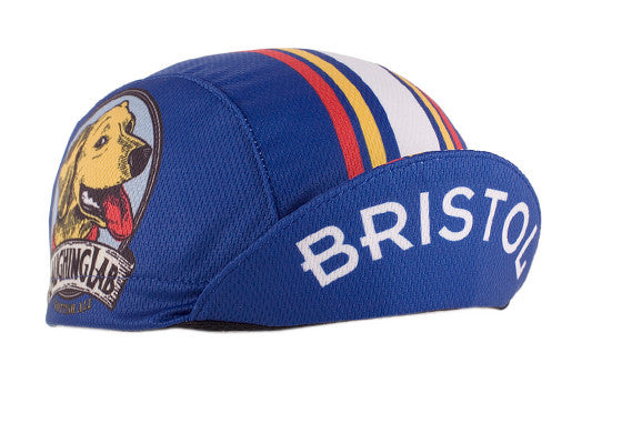 Bristol Brewery 3-Panel Technical Cycling Cap.  Blue cap with red, yellow, and white stripes and Laughing Lab beer logo on side and Bristol text under brim.  Brim up angled view.