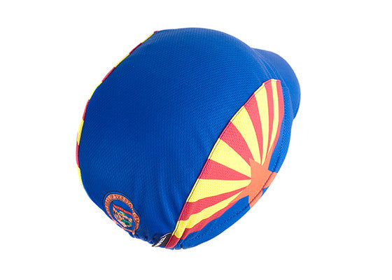 Arizona Technical 3-Panel Cycling Cap.  Blue cap with Arizona flag motif.   Arizona state seal on back.  Overhead view.