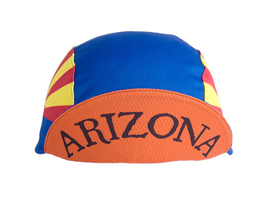Arizona Technical 3-Panel Cycling Cap.  Blue cap with Arizona flag motif. Underside of brim is orange with Arizona text. Brim up front view.