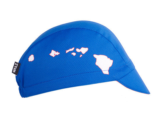 Hawaii Technical 3-Panel Cycling Cap.  Blue cap with white Hawaii state outline on side. Side view.