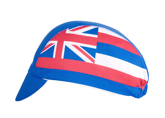 Hawaii Technical 3-Panel Cycling Cap.  Blue cap with Hawaii flag on side Side view.