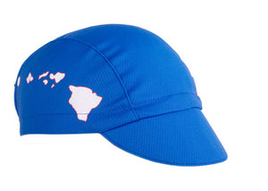 Hawaii Technical 3-Panel Cycling Cap.  Blue cap with white Hawaii state outline on side. Angled view.