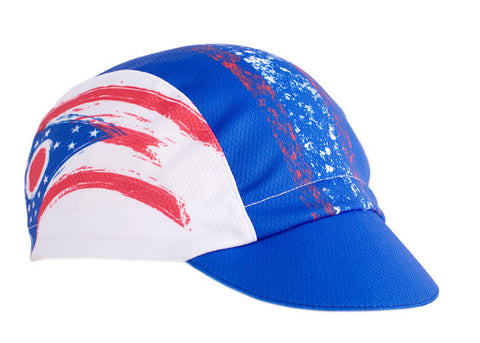 Ohio Technical 3-Panel Cycling Cap. Blue and white cap with Ohio flag imagery.  Angled view.