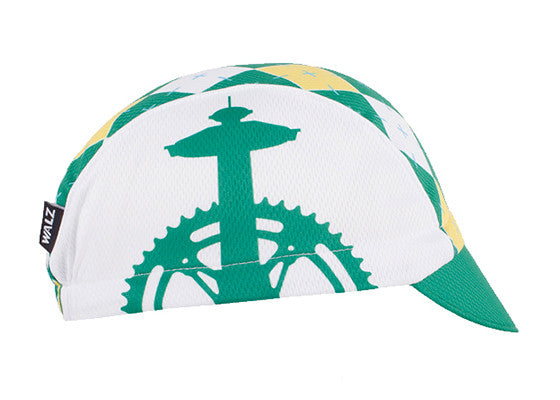 Washington Technical 3-Panel Cycling Cap.  Green, white and yellow cap with Space Needle and bike derailleur icons on side.  Side view.
