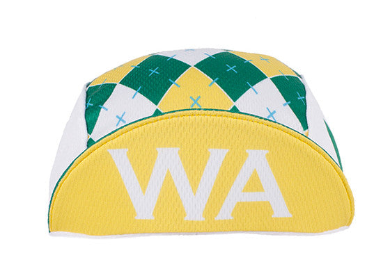 Washington Technical 3-Panel Cycling Cap.  Green, white and yellow cap with WA text under brim.  Brim up front view.
