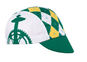Washington Technical 3-Panel Cycling Cap.  Green, white and yellow cap with Space Needle and bike derailleur icons on side.  Angled view.