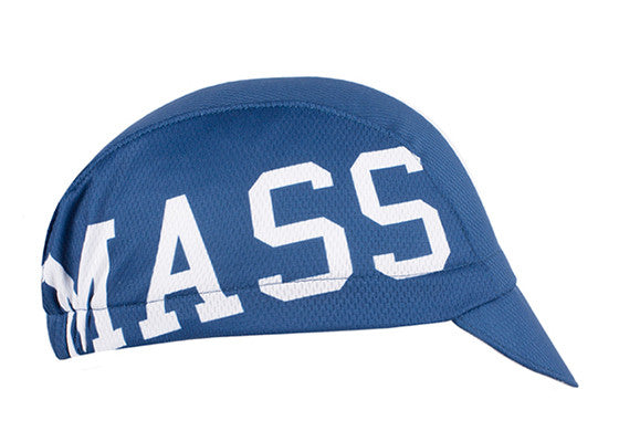 Massachusetts Technical 3-Panel Cycling Cap. Blue cap with white stripe and MASS text on side. Side view.