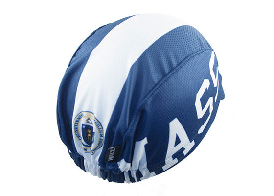 Massachusetts Technical 3-Panel Cycling Cap. Blue cap with white stripe and MASS text on side. Massachusetts state seal on back. Overhead back view.