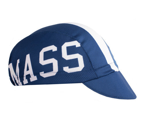 Massachusetts Technical 3-Panel Cycling Cap.  Blue cap with white stripe and MASS text on side.  Angled view.