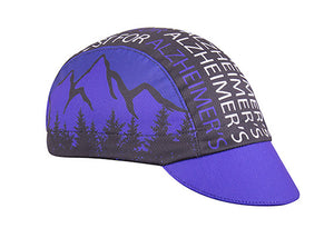 Cap for a Cause - "Bike4Alz" 3-Panel Technical Cycling Cap.  Purple and black cap with mountain and forest imagery and Alzheimer's text.  Angled view.