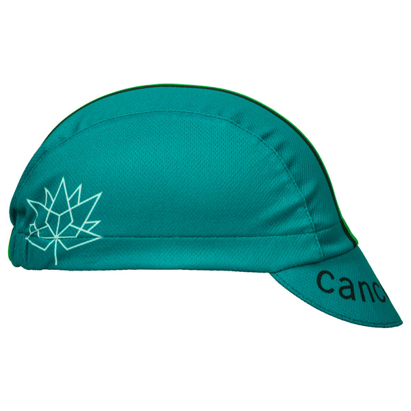 Cap for a Cause - "Cancervive" 3-Panel Technical Cycling Cap. Green cap with black, green, and white stripes. Cancervive text on brim and flower design on side. Side view.