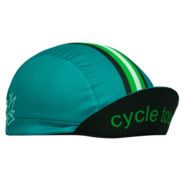 Cap for a Cause - "Cancervive" 3-Panel Technical Cycling Cap. Green cap with black, green, and white stripes. cycle tour text on brim underside. Brim up angled view.