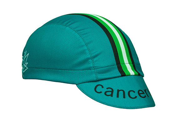 Cap for a Cause - "Cancervive" 3-Panel Technical Cycling Cap.  Green cap with black, green, and white stripes. Cancervive text on brim. Angled view.