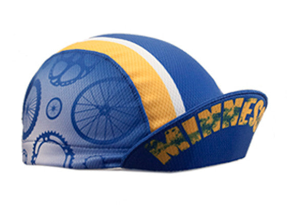 Minnesota Technical 3-Panel Cycling Cap.  Blue cap with yellow and white stripes and bike part print on side.  Brim up angled view.