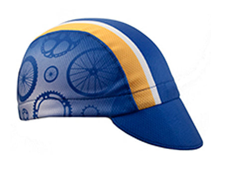 Minnesota Technical 3-Panel Cycling Cap.  Blue cap with yellow and white stripes and bike part print on side.  Angled view.
