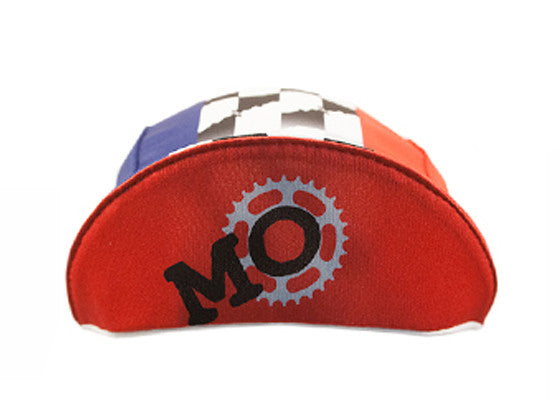 Missouri Technical 3-Panel Cycling Cap. Blue, Red and white cap with checkered flag motif. MO text and bike gear icon under brim. Brim up front view.