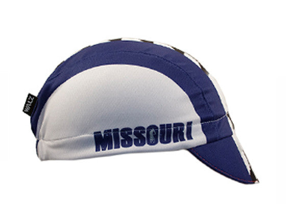 Missouri Technical 3-Panel Cycling Cap. Blue and white cap with checkered flag motif MISSOURI text on the side. Side view.