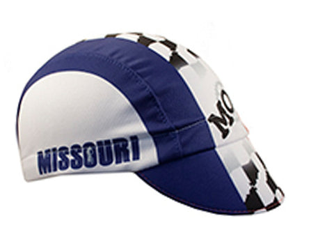 Missouri Technical 3-Panel Cycling Cap.  Blue and white cap with checkered flag motif MISSOURI text on the side. Angled view.