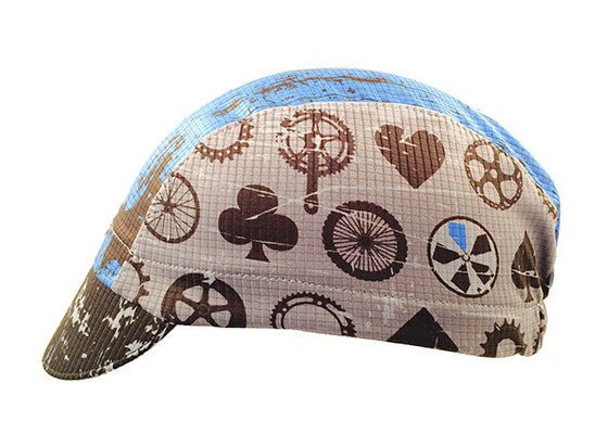 Nevada 3-Panel Technical Cycling Cap.  Gray, blue, and black cap with Bike parts print on side.  Side view.