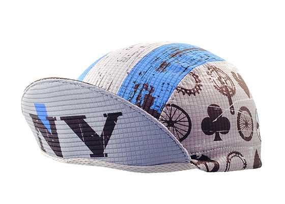 Nevada 3-Panel Technical Cycling Cap.  Gray, blue, and black cap with Bike parts print on side.  Angled view.