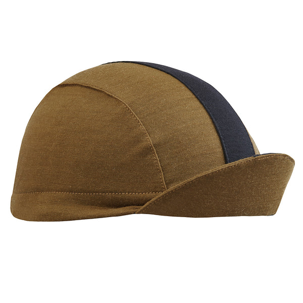 Army Olive Merino Wool 3-Panel Stripe Cap.  Olive Cap with black center-stripe.  Angled view. Bill up.
