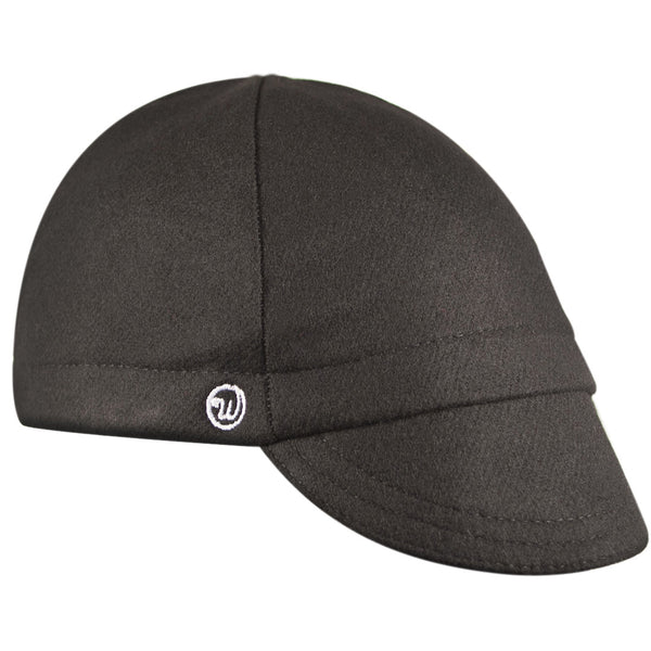 Black Wool 4-Panel Cap.  Angled view.