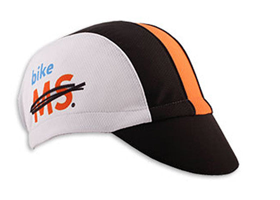 Cap For a Cause - "MS" Black/Orange/White 3-Panel Technical Cycling Cap. Bike MS (crossed out) text on side.  Angled view. 
