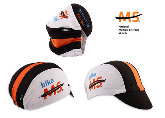 3 views of the MS cap alongside the National Multiple Sclerosis Society logo.