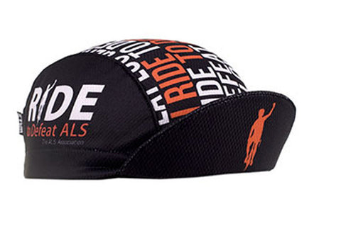Cap For a Cause - "ALS" 3-Panel Technical Cycling Cap.  Black cap with Ride to Defeat ALS imagery in Orange and White.  Brim up angled view.