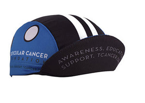 Cap For a Cause - "Testicular Cancer Foundation" Technical 3-Panel Cycling Cap. Black and blue cap with white stripes.  Testicular cancer foundation verbiage on side and brim.  Brim up angled view.