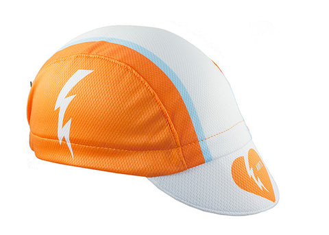Cap For a Cause - "Amy D. Foundation" 3-Panel Technical Cycling Cap.  White and Orange cap with lighting bolt and heart imagery.  Angled view.