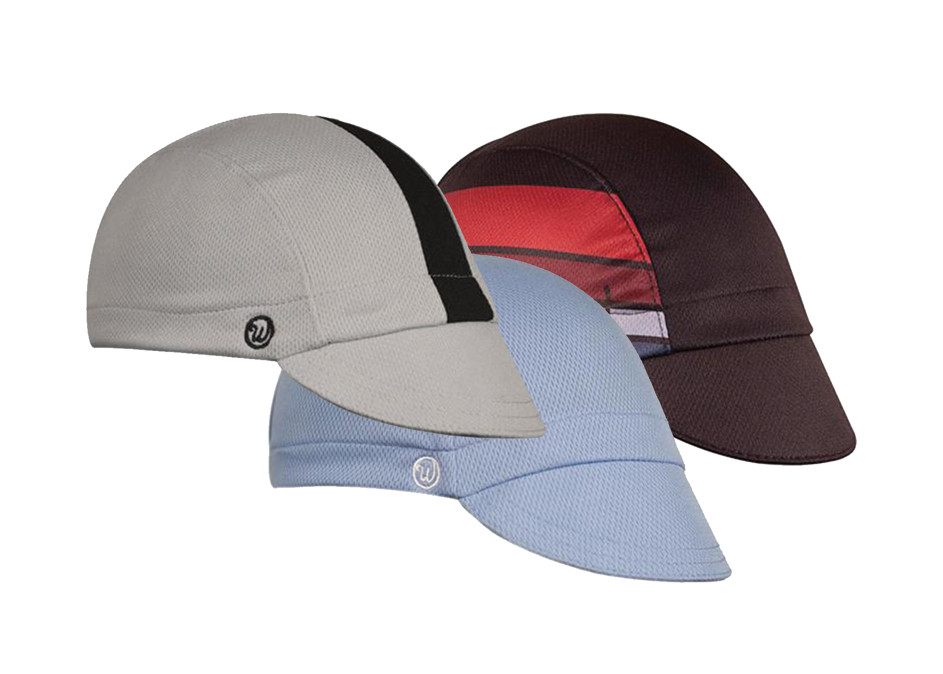 Collage of 3 caps. Grey/Black 3-Panel Technical Cap  Columbia Blue 4-Panel Technical Cap  "The Finisher" 3-Panel Technical Cap