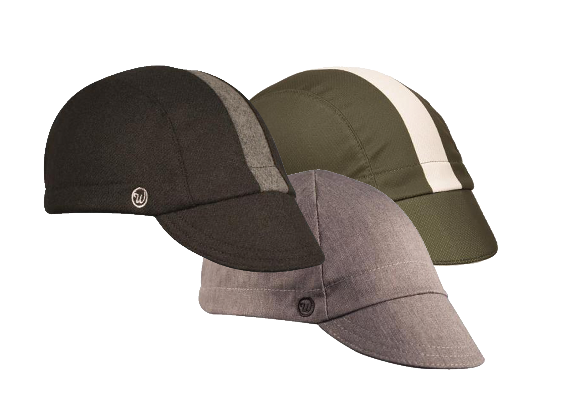 Walz Starter Bundle 3 cap collage. Black/Grey 3-Panel Wool Cap  Heather Gray 4-Panel Cotton Cap  "Woodland" 3-Panel Technical Cap.