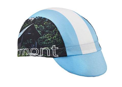 Vermont Technical 3-Panel Cycling Cap.  Light blue and white cap with covered bridge image on side.  Angled view.