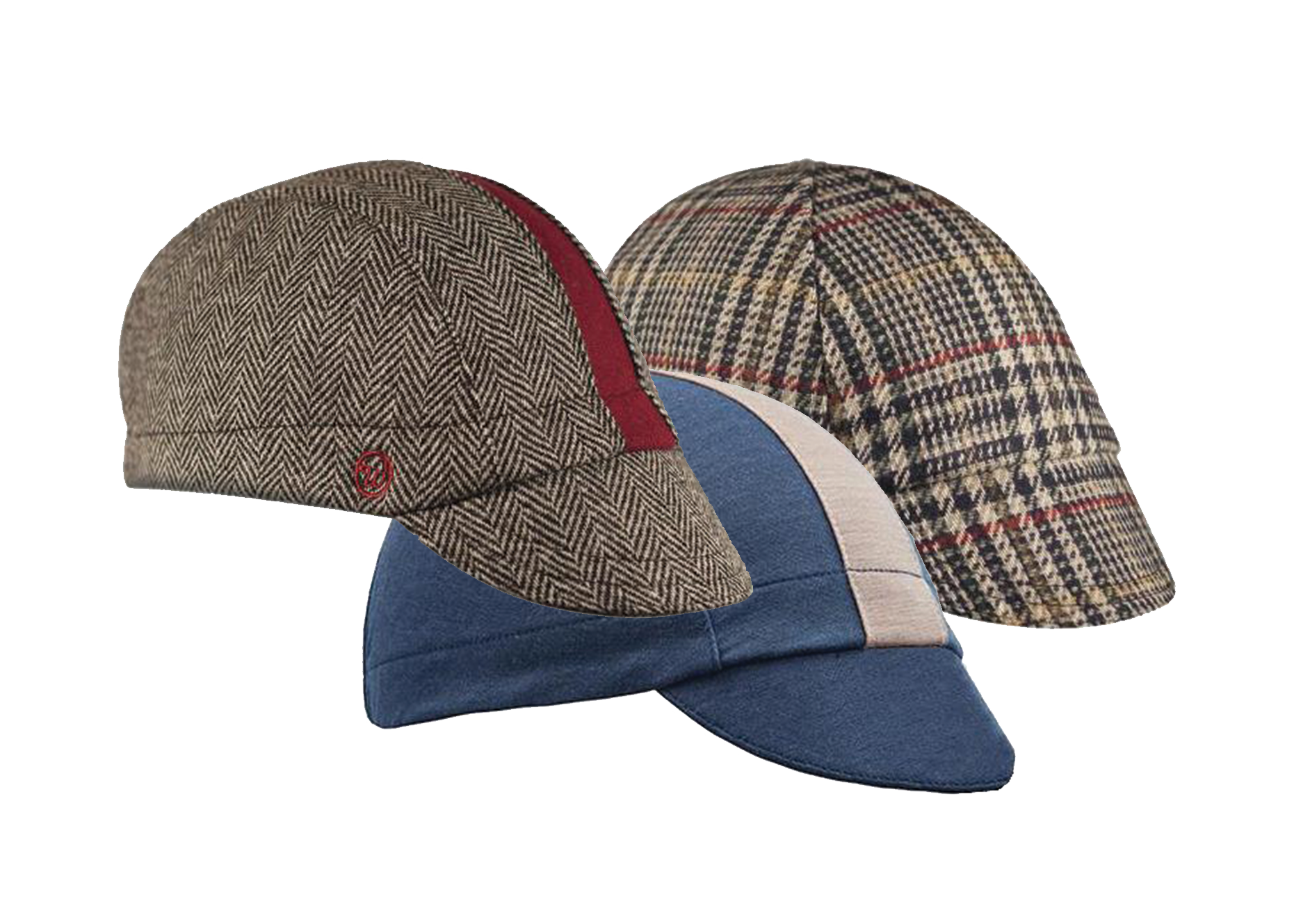 Walz 3 Cap Collage. Wool Lovers Bundle. Cardinal Wool Herringbone 3-Panel Cap  Airforce Blue Merino Wool -Panel Cap  Plaid Wool 4-Panel Cap